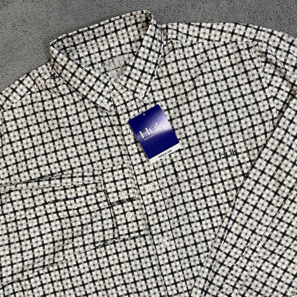 HUK Men XL Tide Point Fish Plaid Woven Button Down Long Sleeve Shirt Performance
